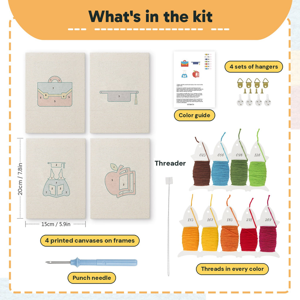 What is in the Graduation Satchel set: 4 printed canvases, punch needle, threader, threads, color guide and 4 sets of hangers (6 × 8 in (15 × 20 cm) each)
