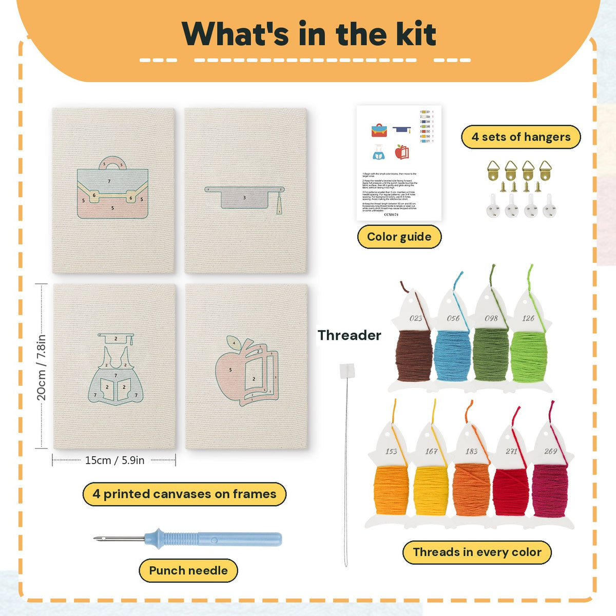 What is in the Graduation Satchel set: 4 printed canvases, punch needle, threader, threads, color guide and 4 sets of hangers (6 × 8 in (15 × 20 cm) each)