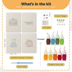 What is in the Graduation Satchel set, 8 × 12 in (20 × 30 cm) each: 4 printed canvases, punch needle, threader, threads, color guide and 4 sets of hangers
