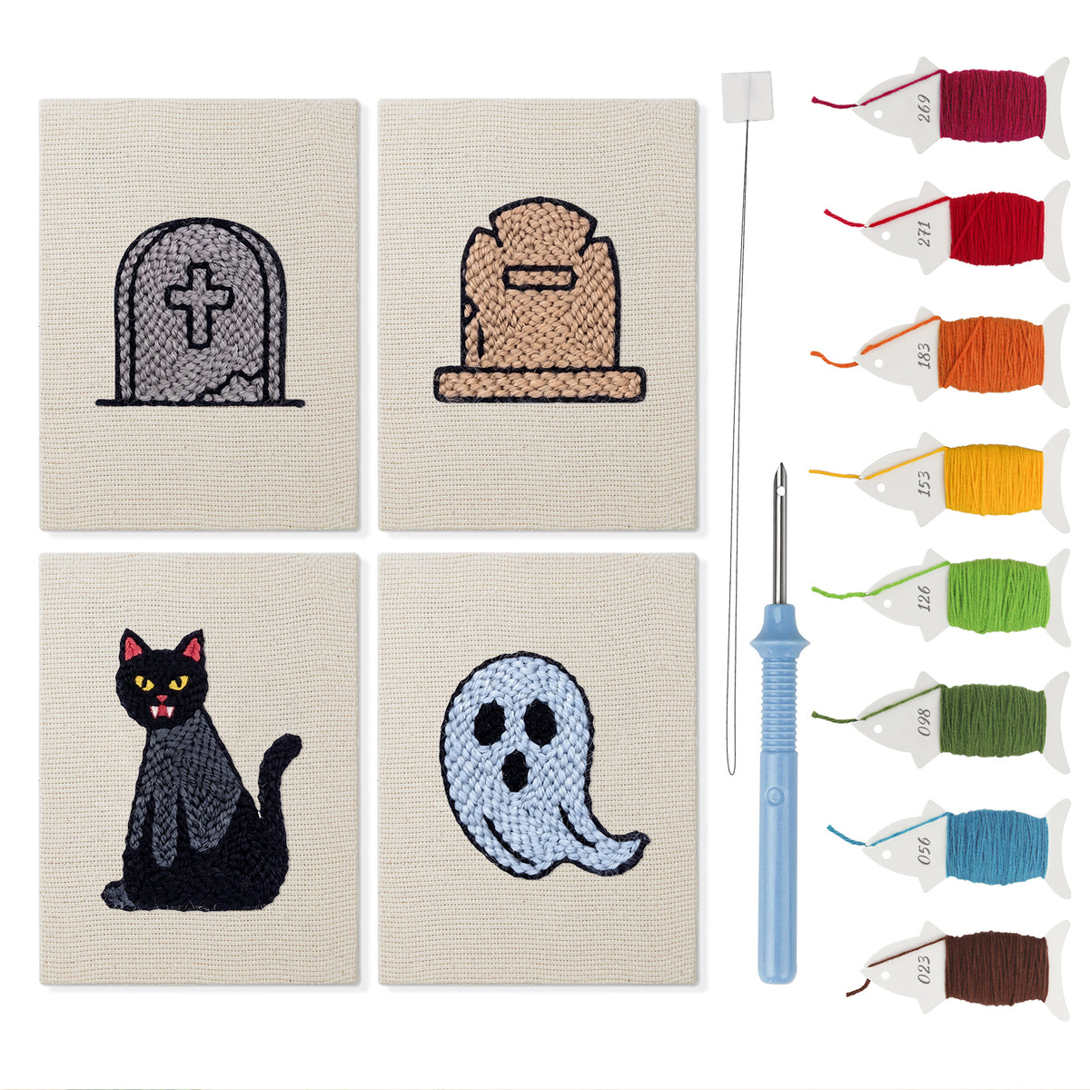 Graveyard Cat mini punch needle kit set: four finished canvases with threads, punch needle and threader
