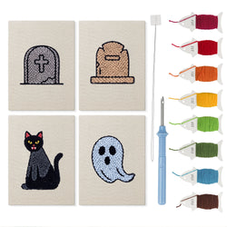 Graveyard Cat mini punch needle kit set: four finished canvases with threads, punch needle and threader