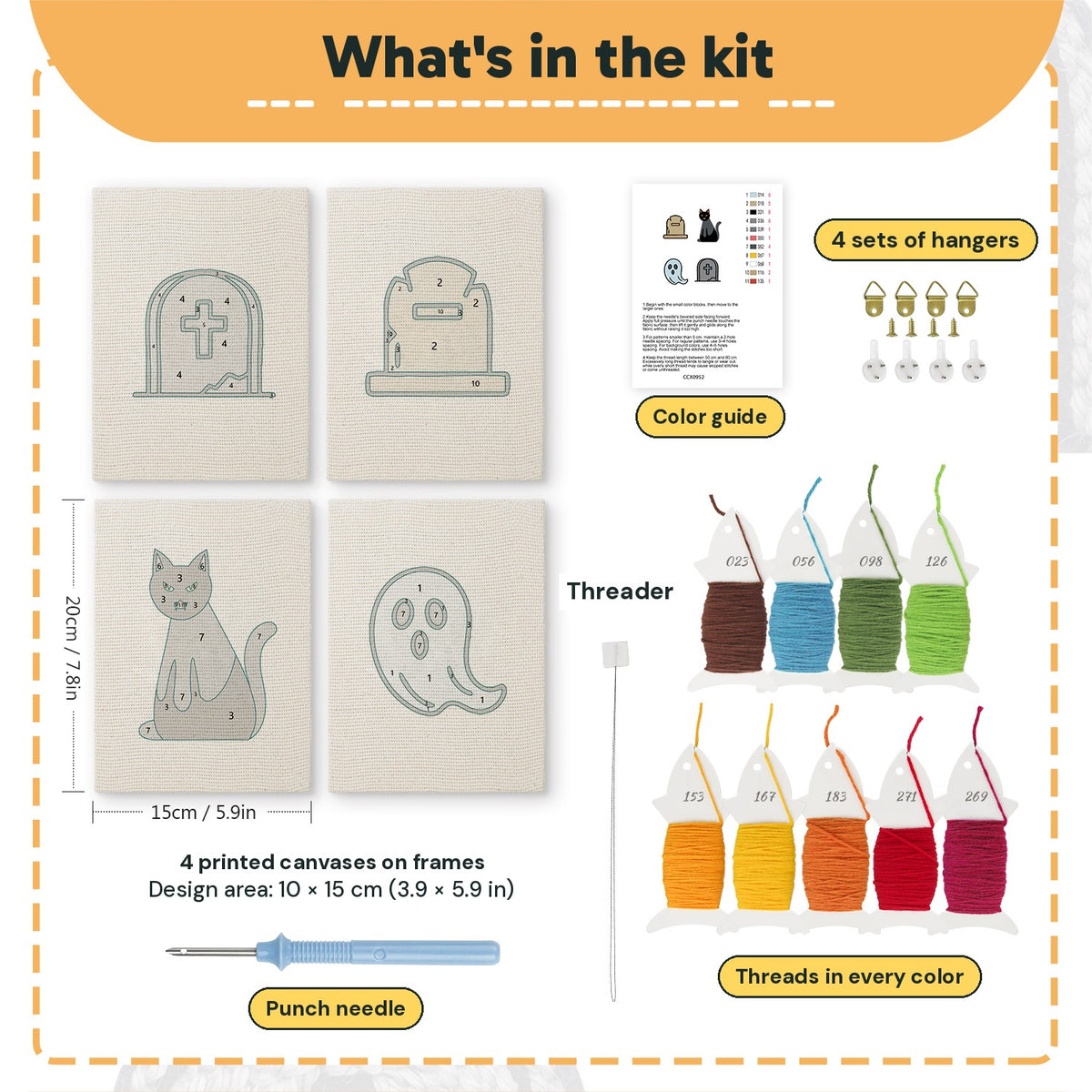 What is in the Graveyard Cat set: 4 printed canvases, punch needle, threader, threads, color guide and 4 sets of hangers (6 × 8 in (15 × 20 cm) each)