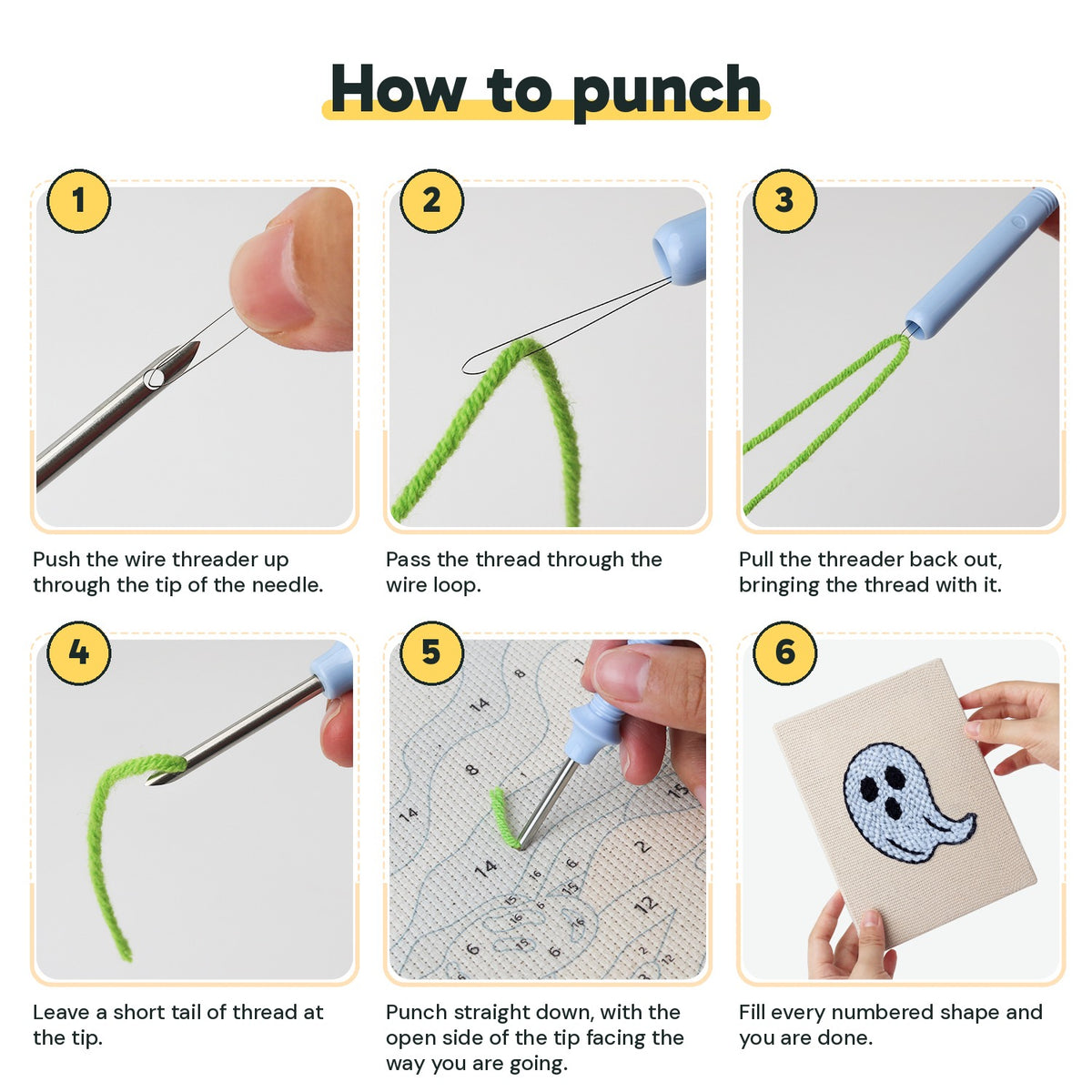 Six steps showing how to thread and use the punch needle
