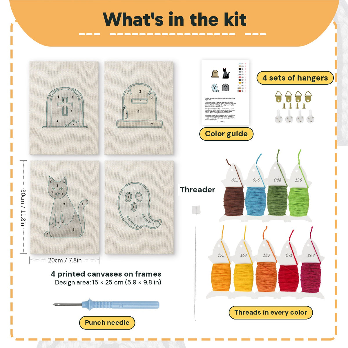 What is in the Graveyard Cat set, 8 × 12 in (20 × 30 cm) each: 4 printed canvases, punch needle, threader, threads, color guide and 4 sets of hangers