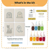 What is in the Graveyard Cat set, 8 × 12 in (20 × 30 cm) each: 4 printed canvases, punch needle, threader, threads, color guide and 4 sets of hangers