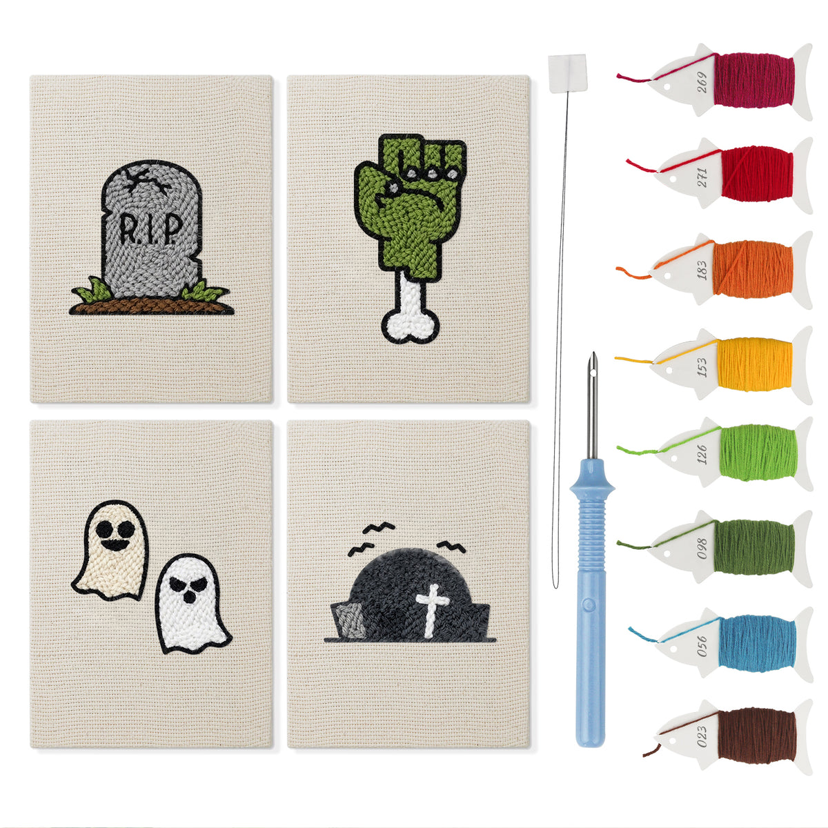 Graveyard Ghosts mini punch needle kit set: four finished canvases with threads, punch needle and threader