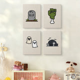 The four Graveyard Ghosts mini canvases on a wall above a shelf