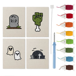 Graveyard Ghosts mini punch needle kit set: four finished canvases with threads, punch needle and threader