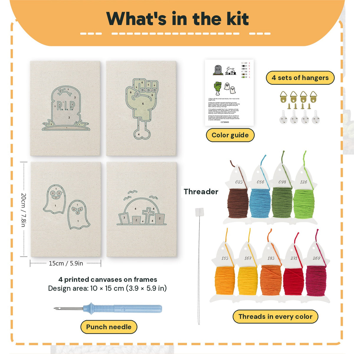 What is in the Graveyard Ghosts set: 4 printed canvases, punch needle, threader, threads, color guide and 4 sets of hangers (6 × 8 in (15 × 20 cm) each)