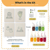 What is in the Graveyard Ghosts set: 4 printed canvases, punch needle, threader, threads, color guide and 4 sets of hangers (6 × 8 in (15 × 20 cm) each)