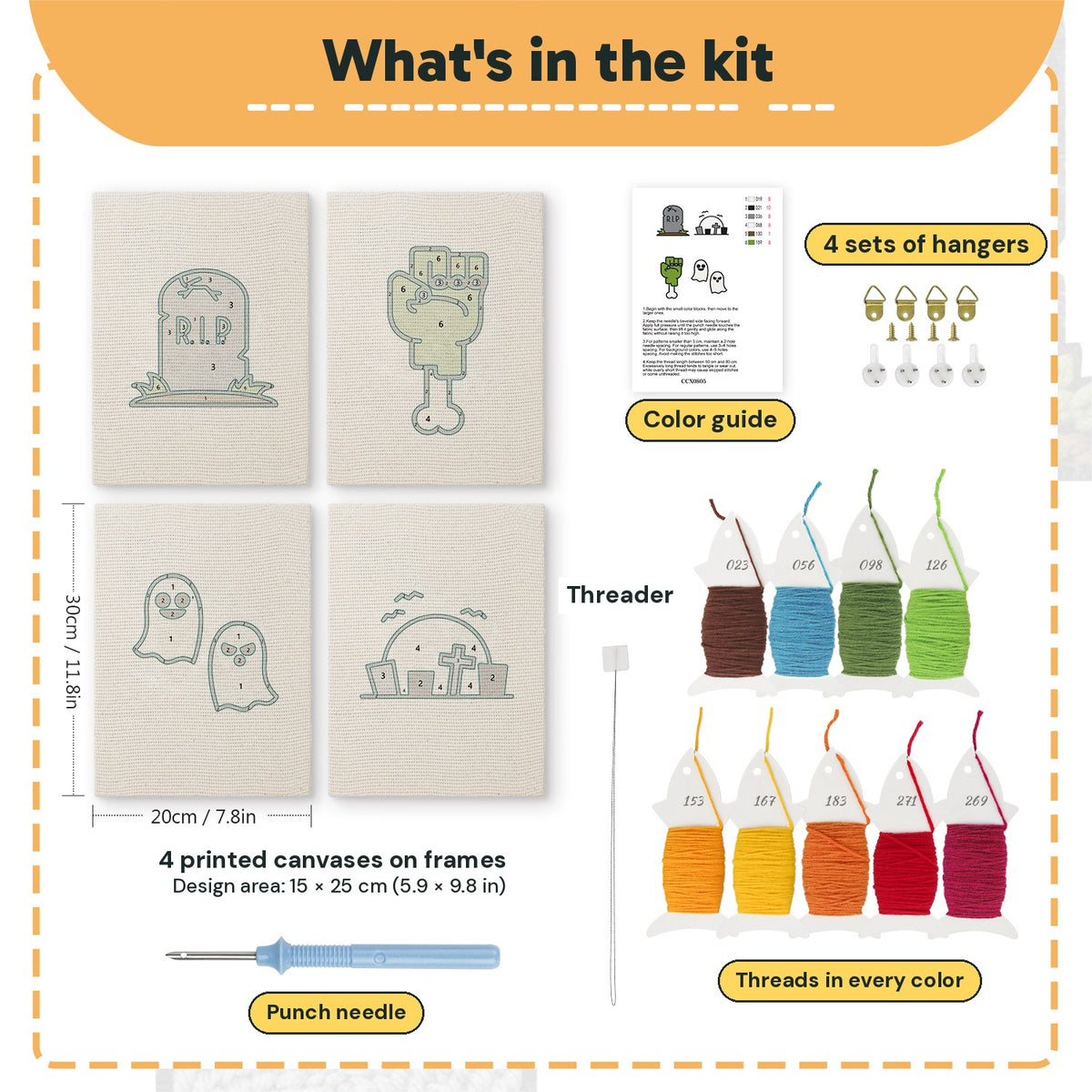 What is in the Graveyard Ghosts set, 8 × 12 in (20 × 30 cm) each: 4 printed canvases, punch needle, threader, threads, color guide and 4 sets of hangers