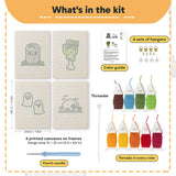 What is in the Graveyard Ghosts set, 8 × 12 in (20 × 30 cm) each: 4 printed canvases, punch needle, threader, threads, color guide and 4 sets of hangers