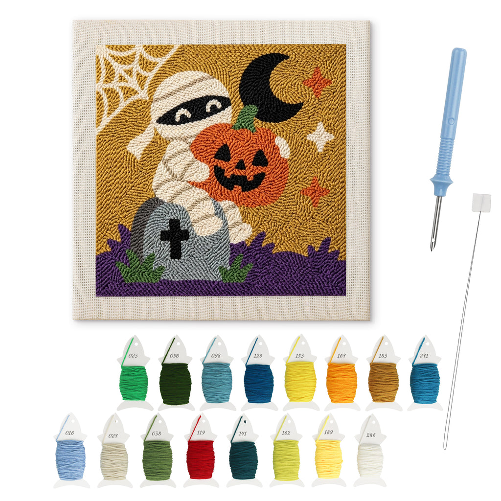 Graveyard Mummy punch needle kit: finished canvas with threads, punch needle and threader