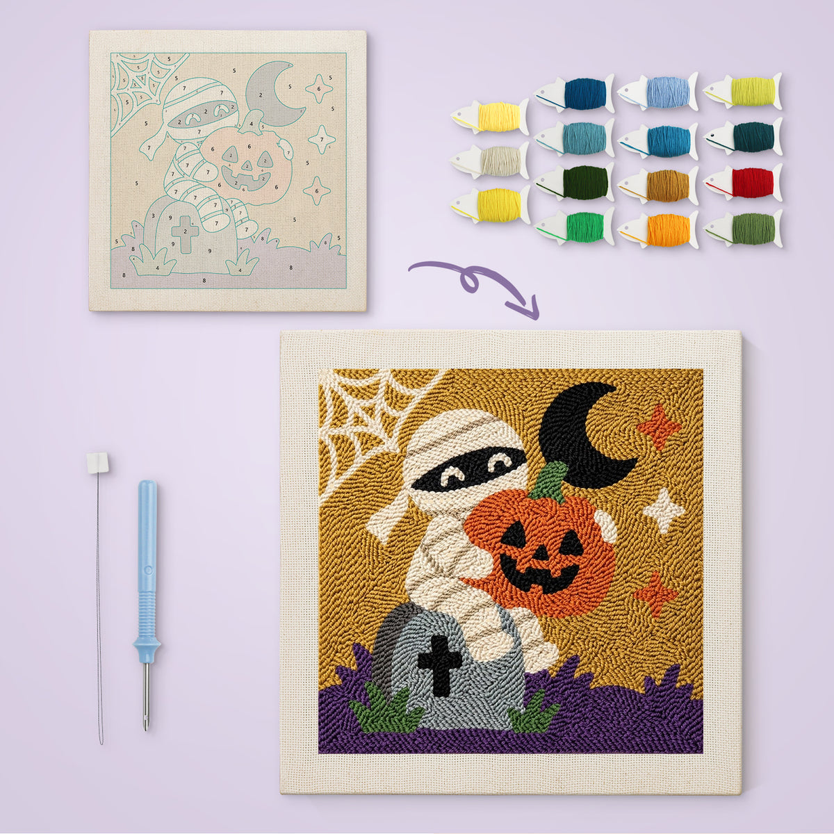 Graveyard Mummy canvas before and after punching, with the threads and tools