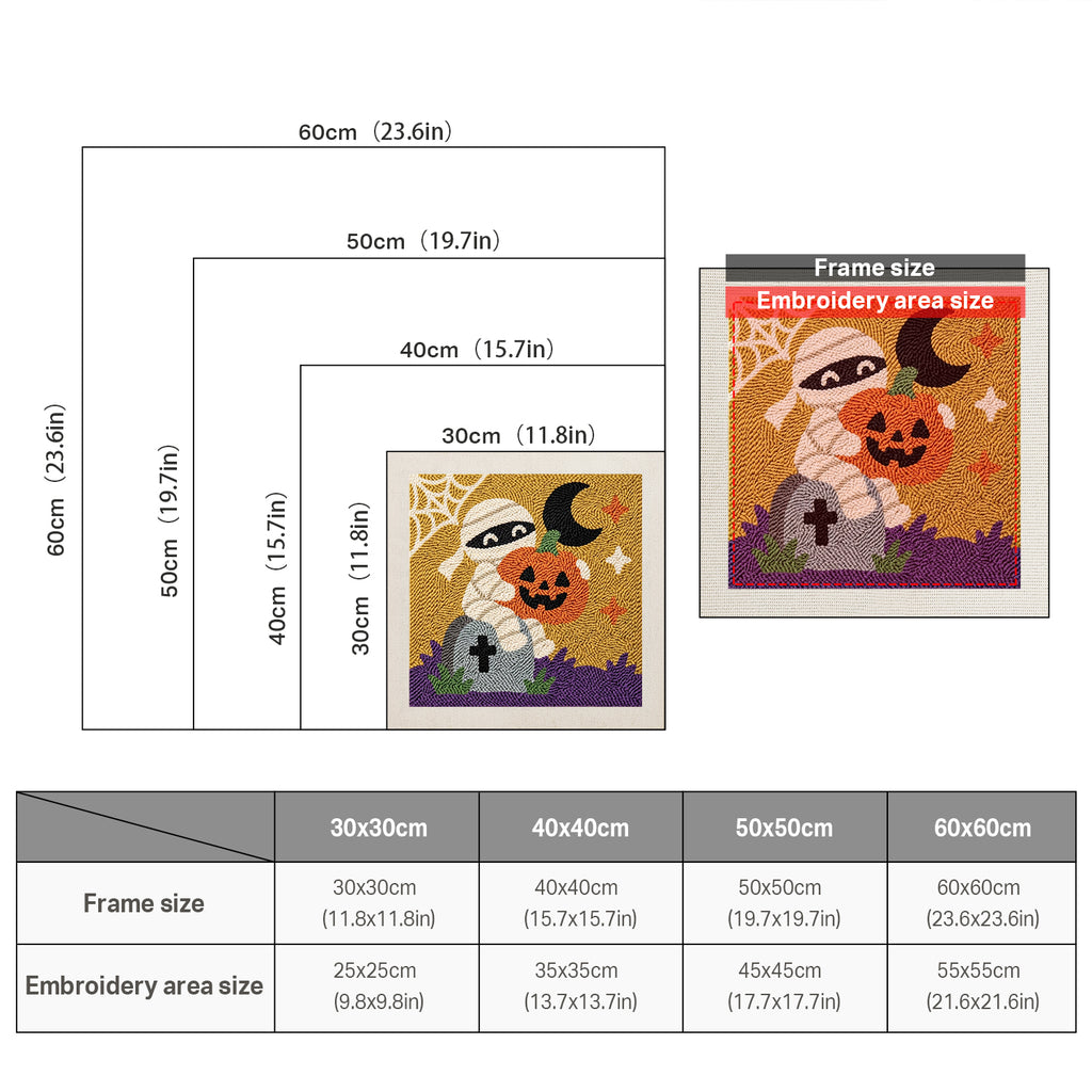 Size chart for square punch needle kits from 30 x 30 cm to 60 x 60 cm