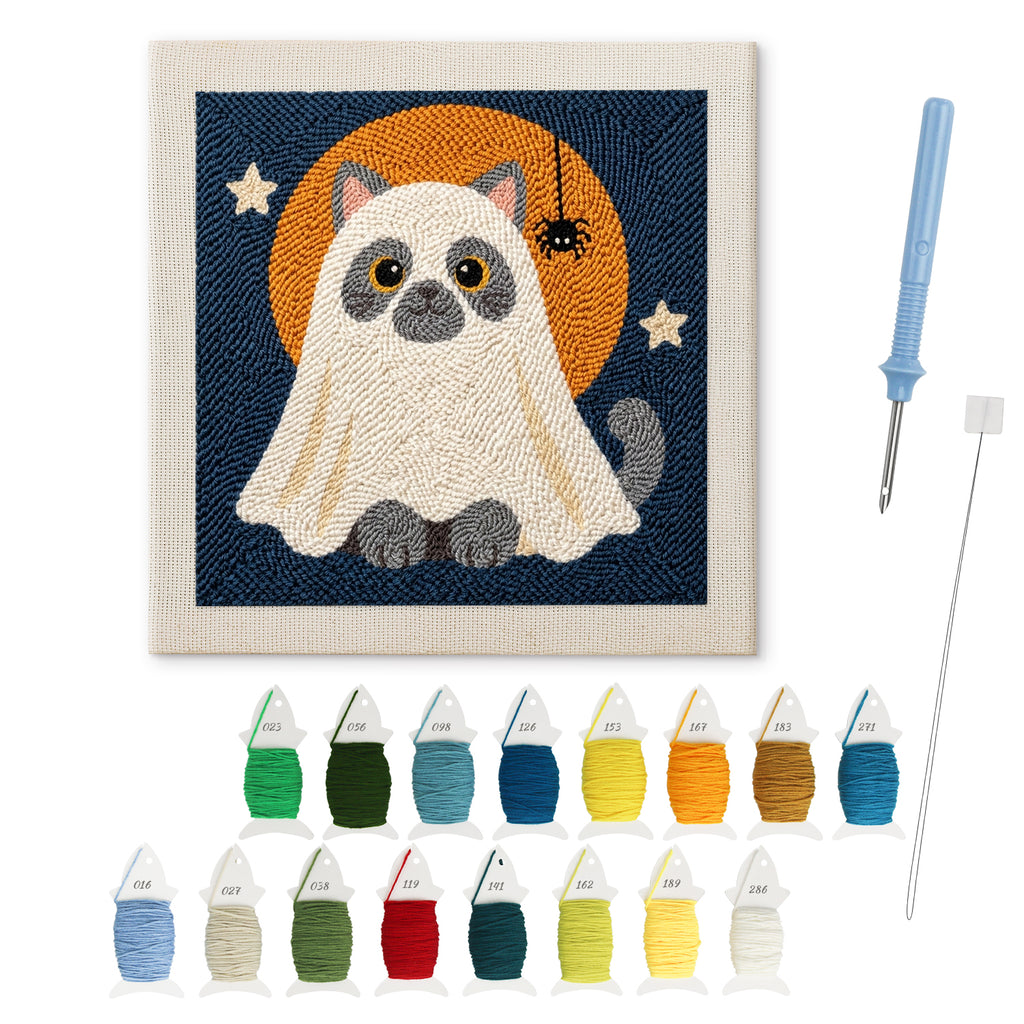 Gray Cat Ghost punch needle kit: finished canvas with threads, punch needle and threader