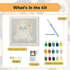 What is in the Gray Cat Ghost kit: printed canvas, punch needle, threader, threads, color guide and hangers