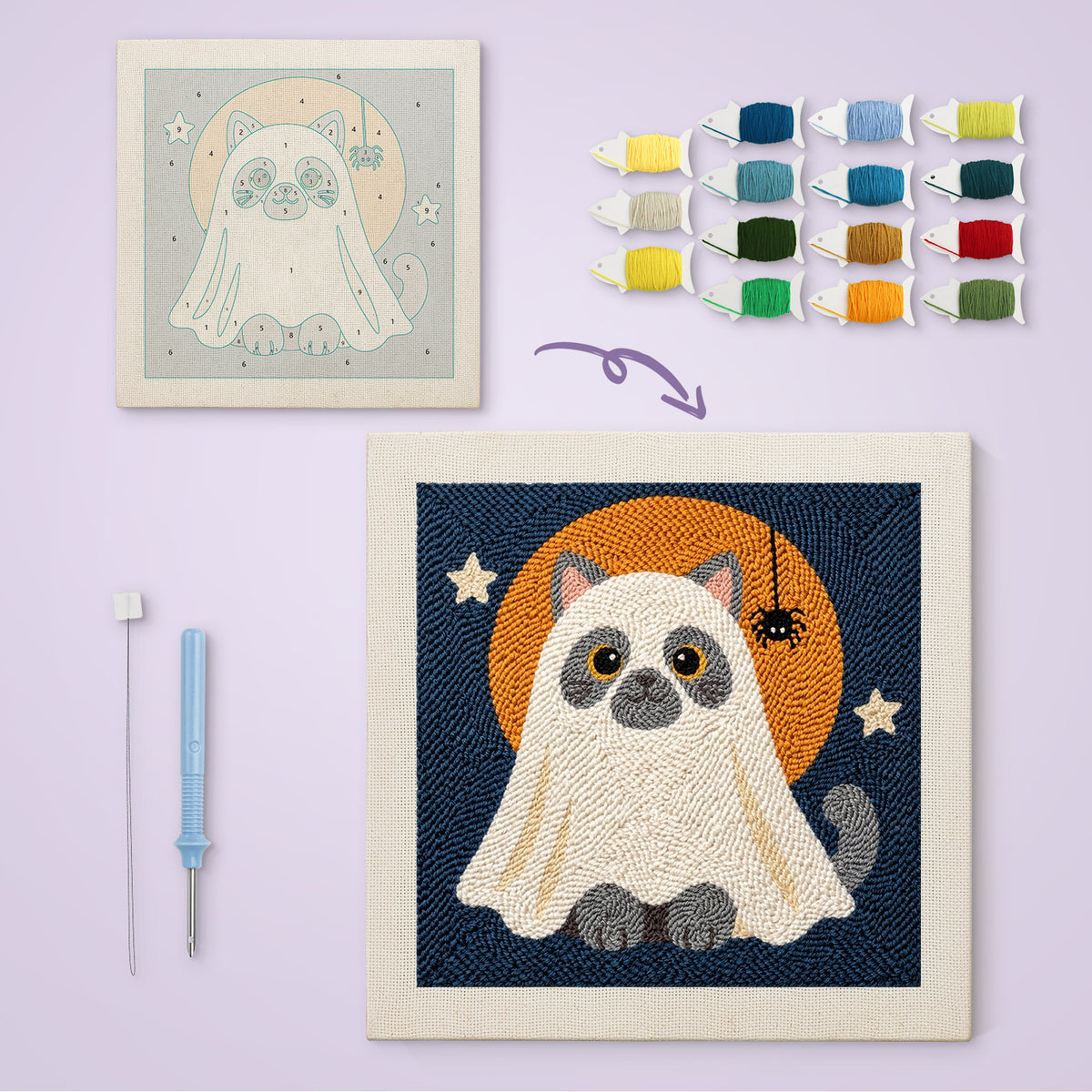Gray Cat Ghost canvas before and after punching, with the threads and tools