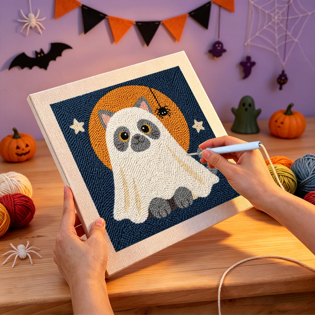 Punching the Gray Cat Ghost design with the punch needle