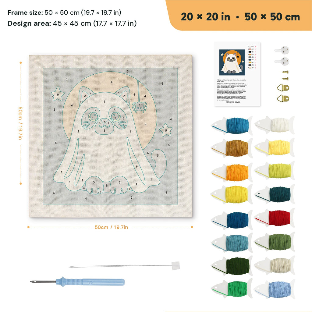 Gray Cat Ghost punch needle kit, 20 × 20 in (50 × 50 cm): canvas size and kit contents