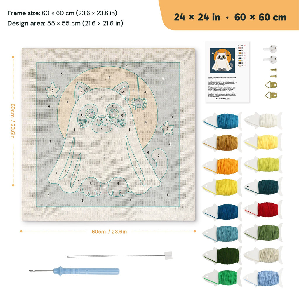 Gray Cat Ghost punch needle kit, 24 × 24 in (60 × 60 cm): canvas size and kit contents