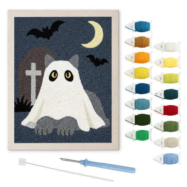 Gray Cat Graveyard Ghost punch needle kit: finished canvas with threads, punch needle and threader