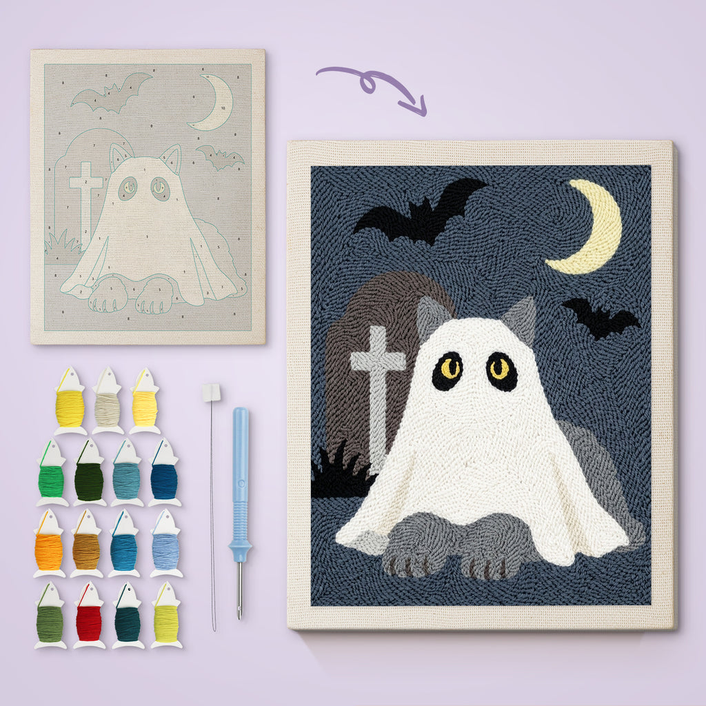 Gray Cat Graveyard Ghost canvas before and after punching, with the threads and tools
