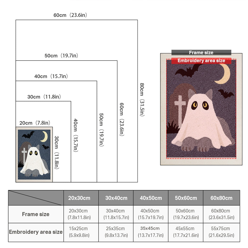 Size chart for punch needle kits from 20 x 30 cm to 60 x 80 cm