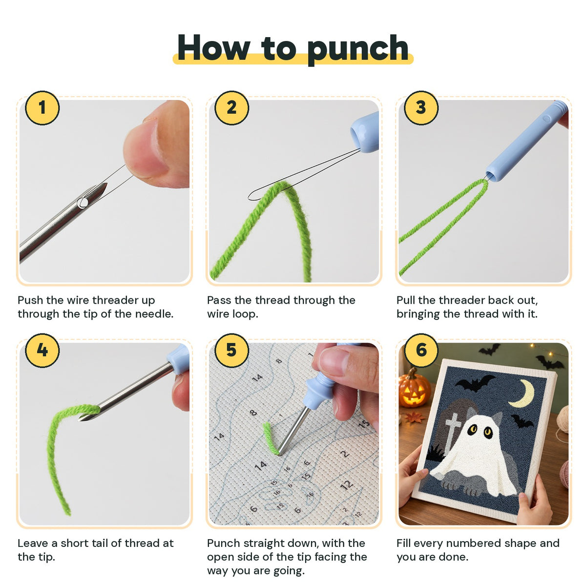 Six steps showing how to thread and use the punch needle