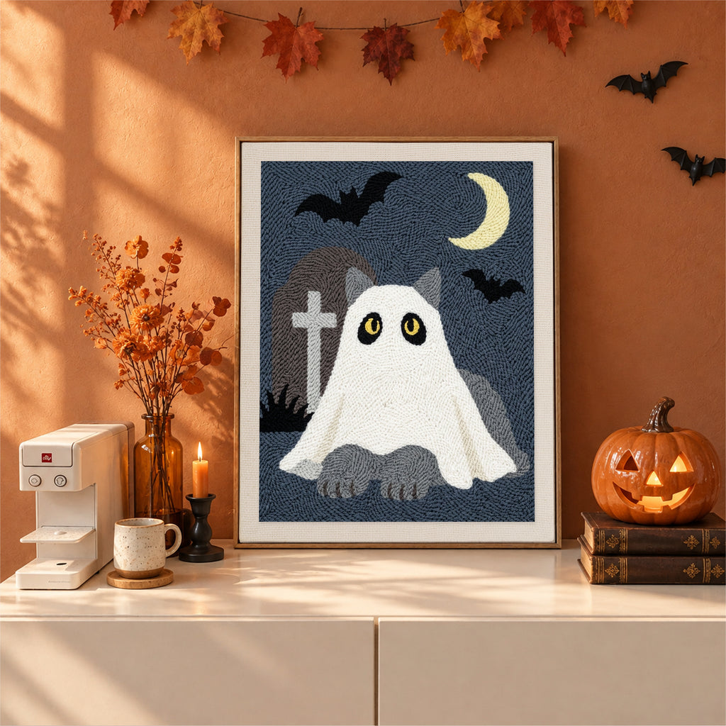 Finished Gray Cat Graveyard Ghost punch needle canvas on a wall