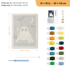 Gray Cat Graveyard Ghost punch needle kit, 12 × 16 in (30 × 40 cm): canvas size and kit contents