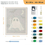 Gray Cat Graveyard Ghost punch needle kit, 16 × 20 in (40 × 50 cm): canvas size and kit contents