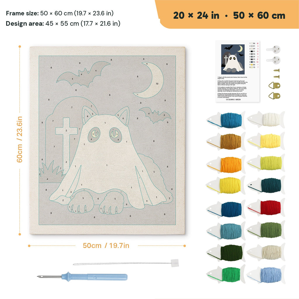 Gray Cat Graveyard Ghost punch needle kit, 20 × 24 in (50 × 60 cm): canvas size and kit contents