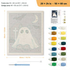 Gray Cat Graveyard Ghost punch needle kit, 20 × 24 in (50 × 60 cm): canvas size and kit contents