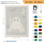 Gray Cat Graveyard Ghost punch needle kit, 24 × 32 in (60 × 80 cm): canvas size and kit contents