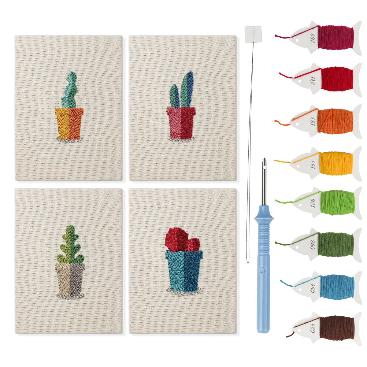 Gray Pot Cacti mini punch needle kit set: four finished canvases with threads, punch needle and threader