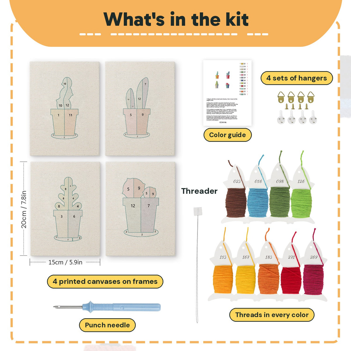 What is in the Gray Pot Cacti set: 4 printed canvases, punch needle, threader, threads, color guide and 4 sets of hangers (6 × 8 in (15 × 20 cm) each)