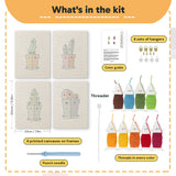 What is in the Gray Pot Cacti set, 8 × 12 in (20 × 30 cm) each: 4 printed canvases, punch needle, threader, threads, color guide and 4 sets of hangers