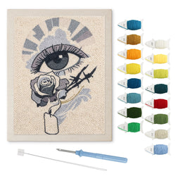 Gray Rose Eye punch needle kit: finished canvas with threads, punch needle and threader