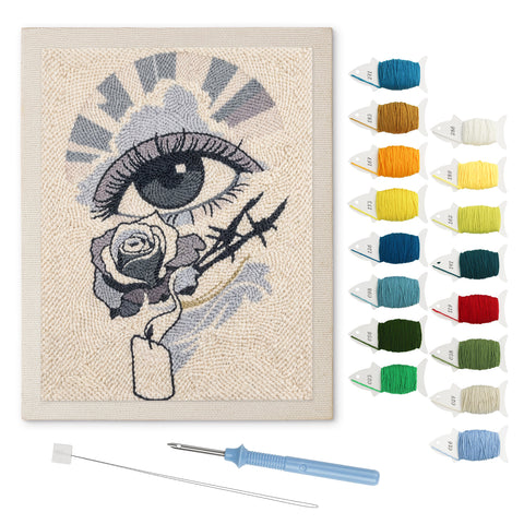Gray Rose Eye punch needle kit: finished canvas with threads, punch needle and threader