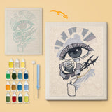 Gray Rose Eye canvas before and after punching, with the threads and tools