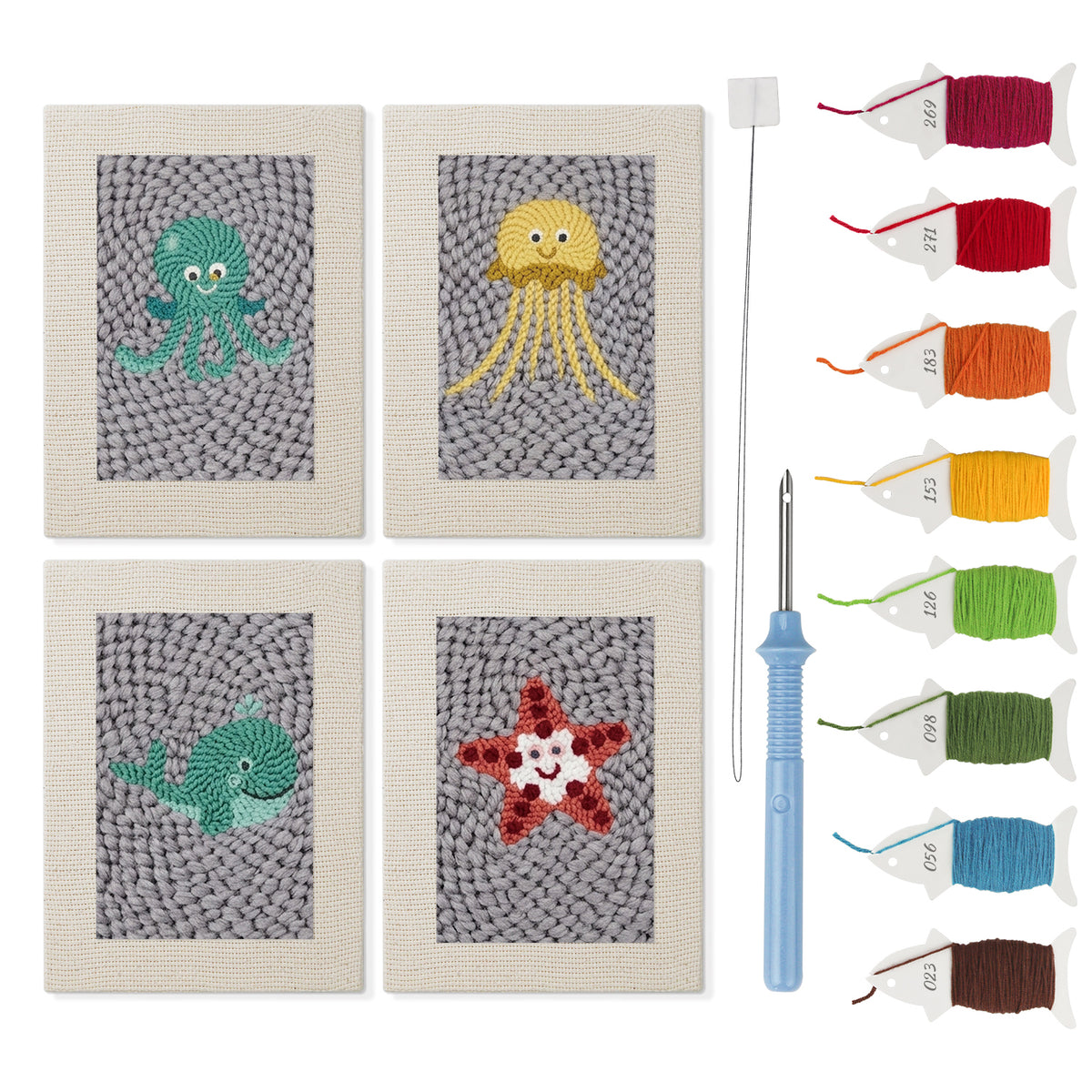 Gray Sea Friends mini punch needle kit set: four finished canvases with threads, punch needle and threader