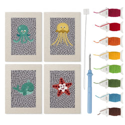 Gray Sea Friends mini punch needle kit set: four finished canvases with threads, punch needle and threader