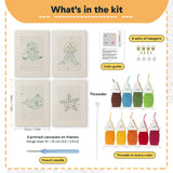 What is in the Gray Sea Friends set: 4 printed canvases, punch needle, threader, threads, color guide and 4 sets of hangers (6 × 8 in (15 × 20 cm) each)