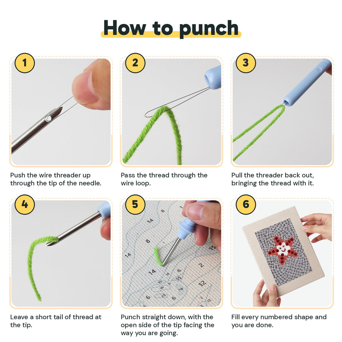 Six steps showing how to thread and use the punch needle