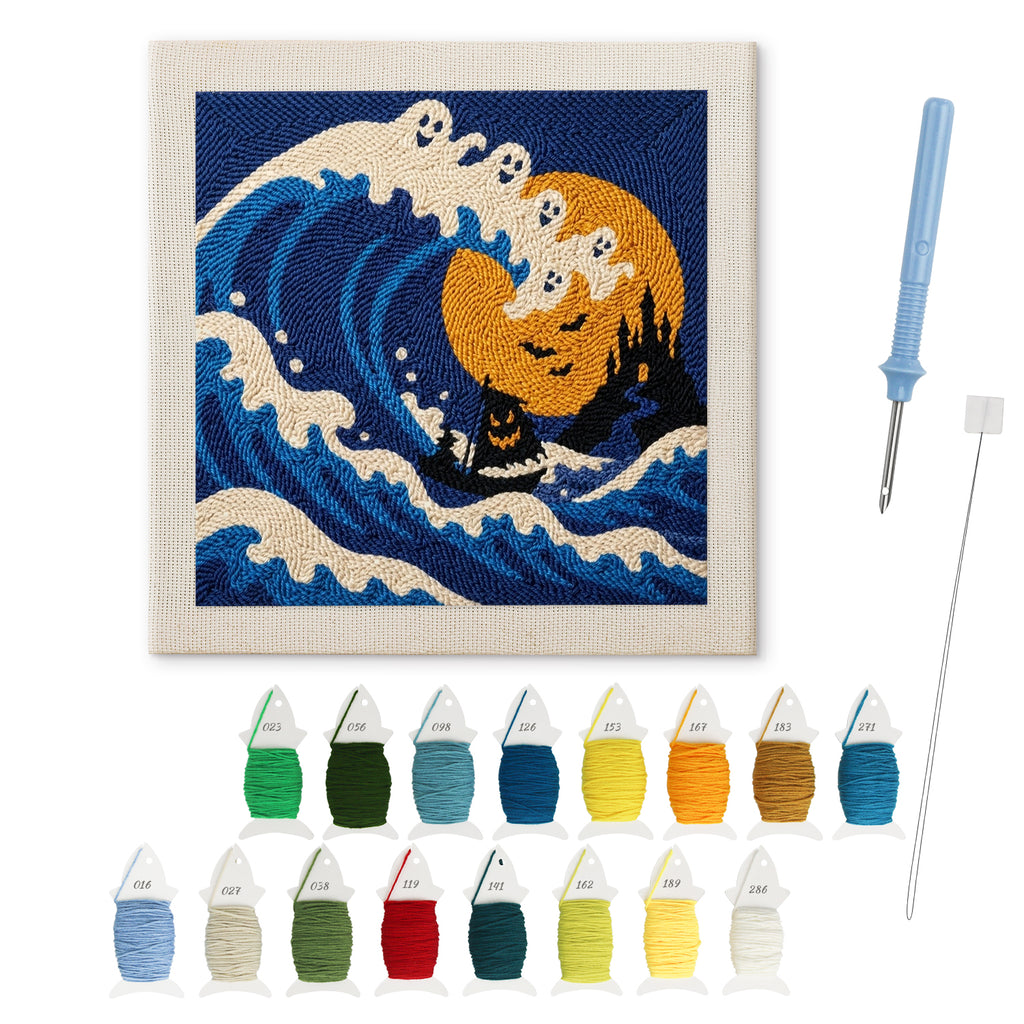 Great Ghost Wave punch needle kit: finished canvas with threads, punch needle and threader