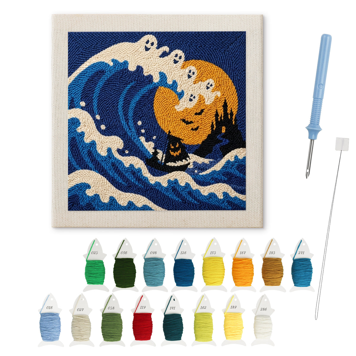 Great Ghost Wave punch needle kit: finished canvas with threads, punch needle and threader