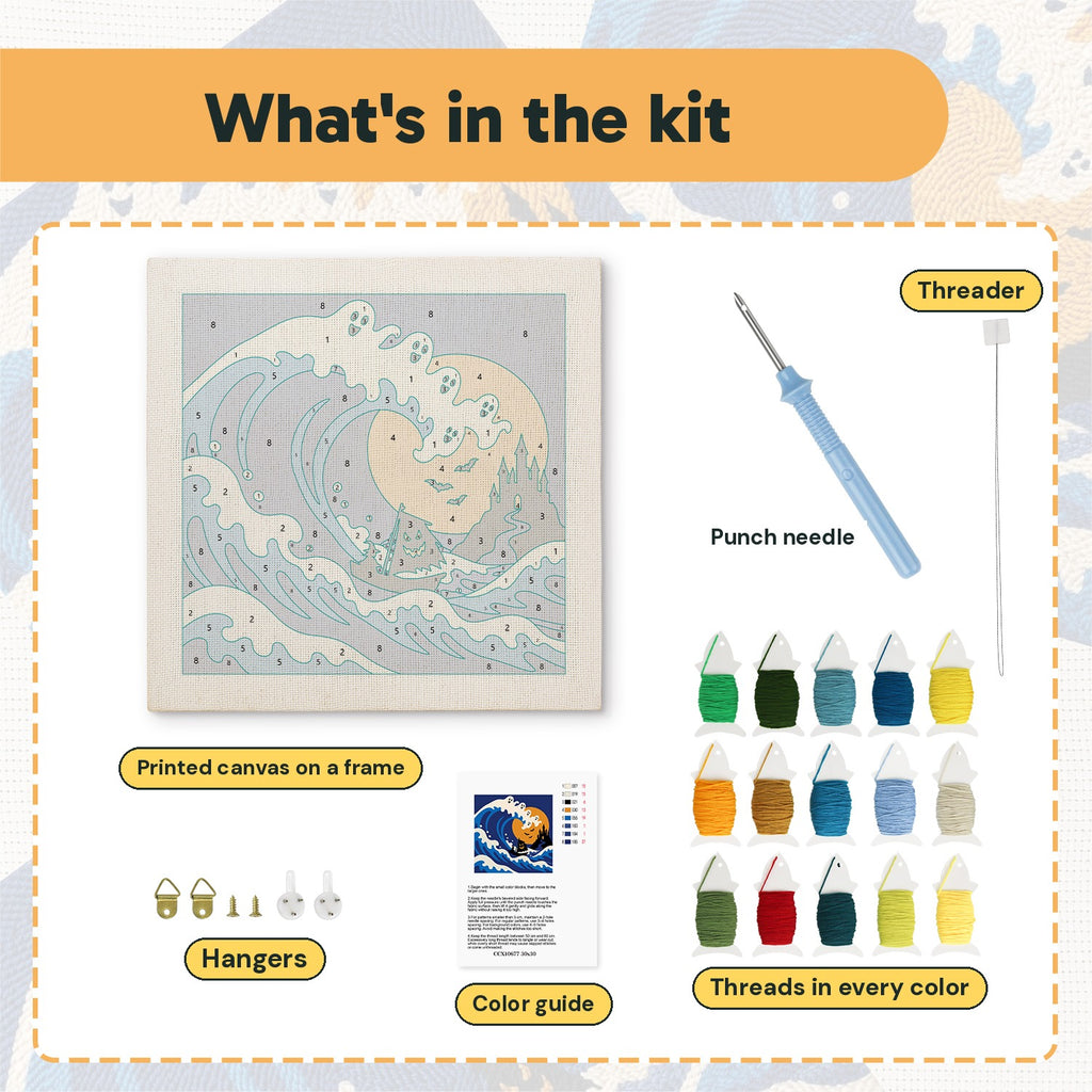 What is in the Great Ghost Wave kit: printed canvas, punch needle, threader, threads, color guide and hangers