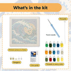 What is in the Great Ghost Wave kit: printed canvas, punch needle, threader, threads, color guide and hangers