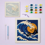Great Ghost Wave canvas before and after punching, with the threads and tools
